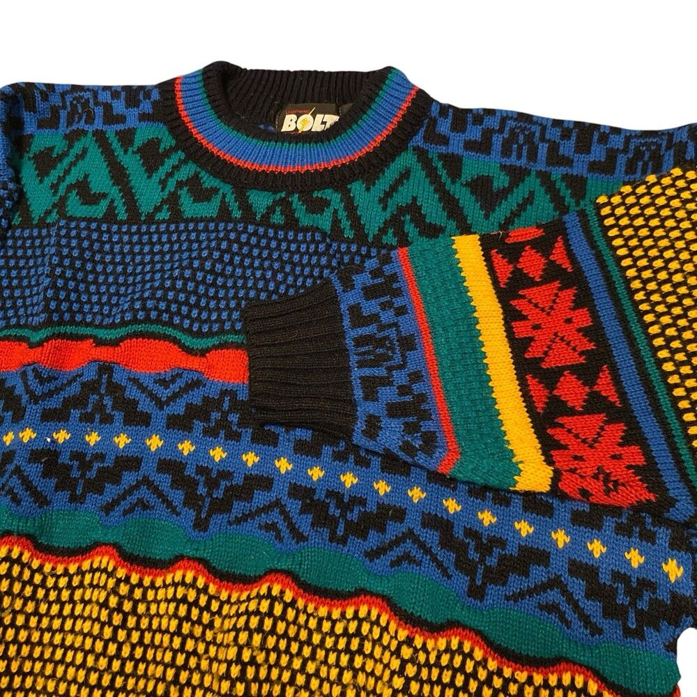 Vintage Lightning Bolt Geometric Sweater Coogi Style 3D Knit Acrylic Cosby XL